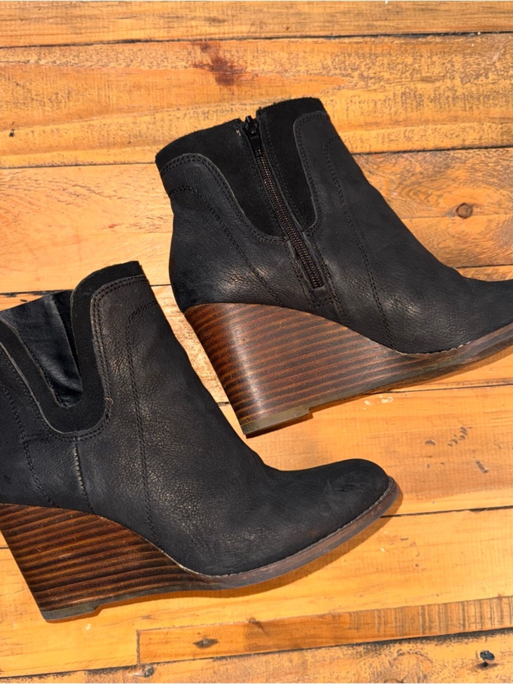Lucky Brand Black Wedge Ankle Boots with Wood-Stack Heel